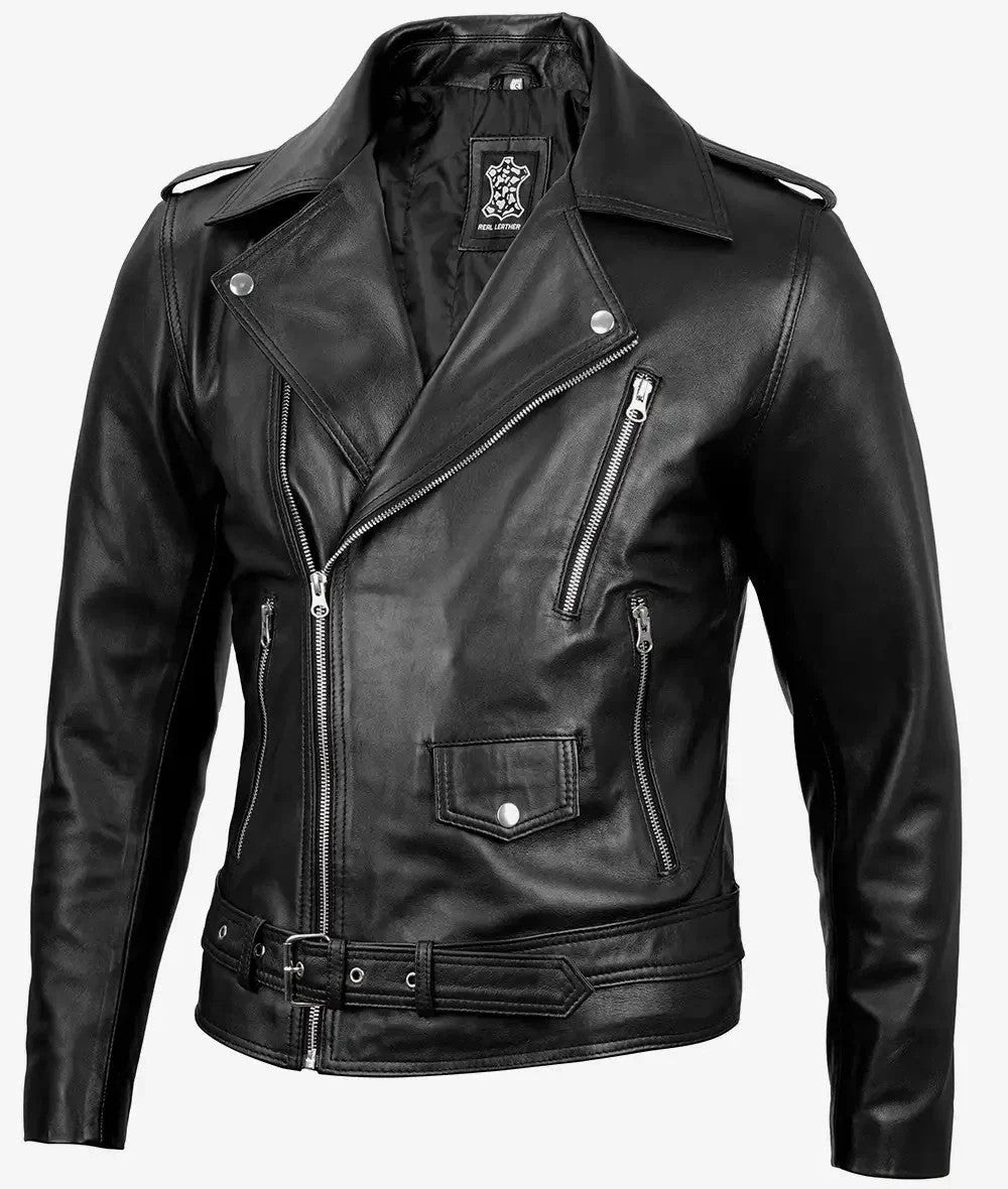 Mens Black Asymmetrical Biker Leather Jacket, Belt-Strapped Rider Edition