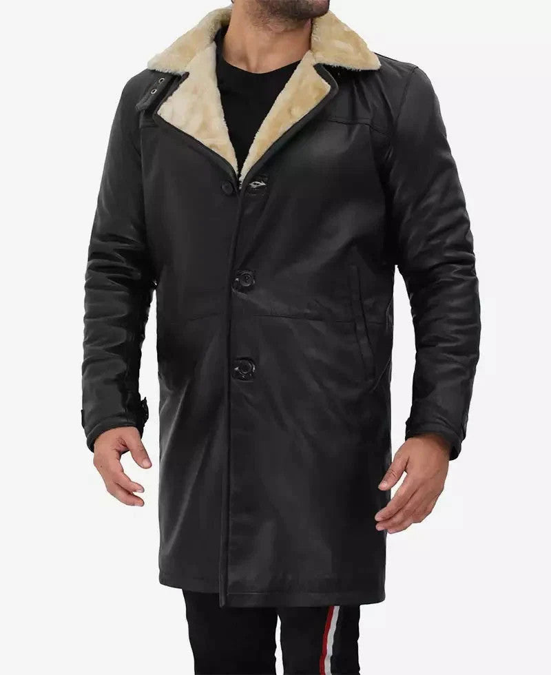 Mens Black Leather Fur Trimmed Coat, Warm Shearling Lined Overcoat