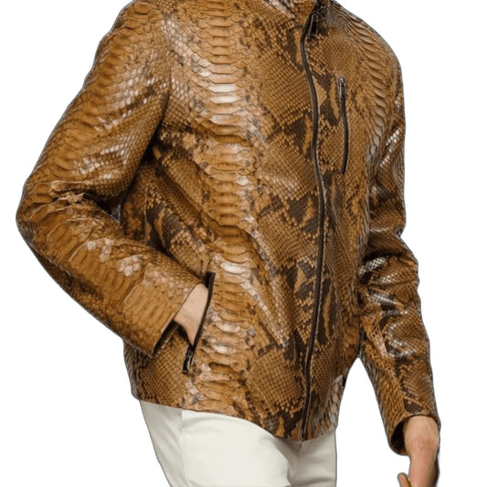 Luxury Mens Motorcycle Jacket Brown Python Patterned Leather