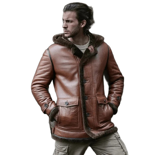 Frostborn Renegade Hooded Mens Shearling Leather Flight Jacket in Cognac Brown