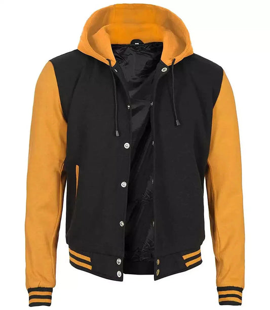 Mens Yellow and Black Hooded Varsity Jacket, Classic College Letterman Style