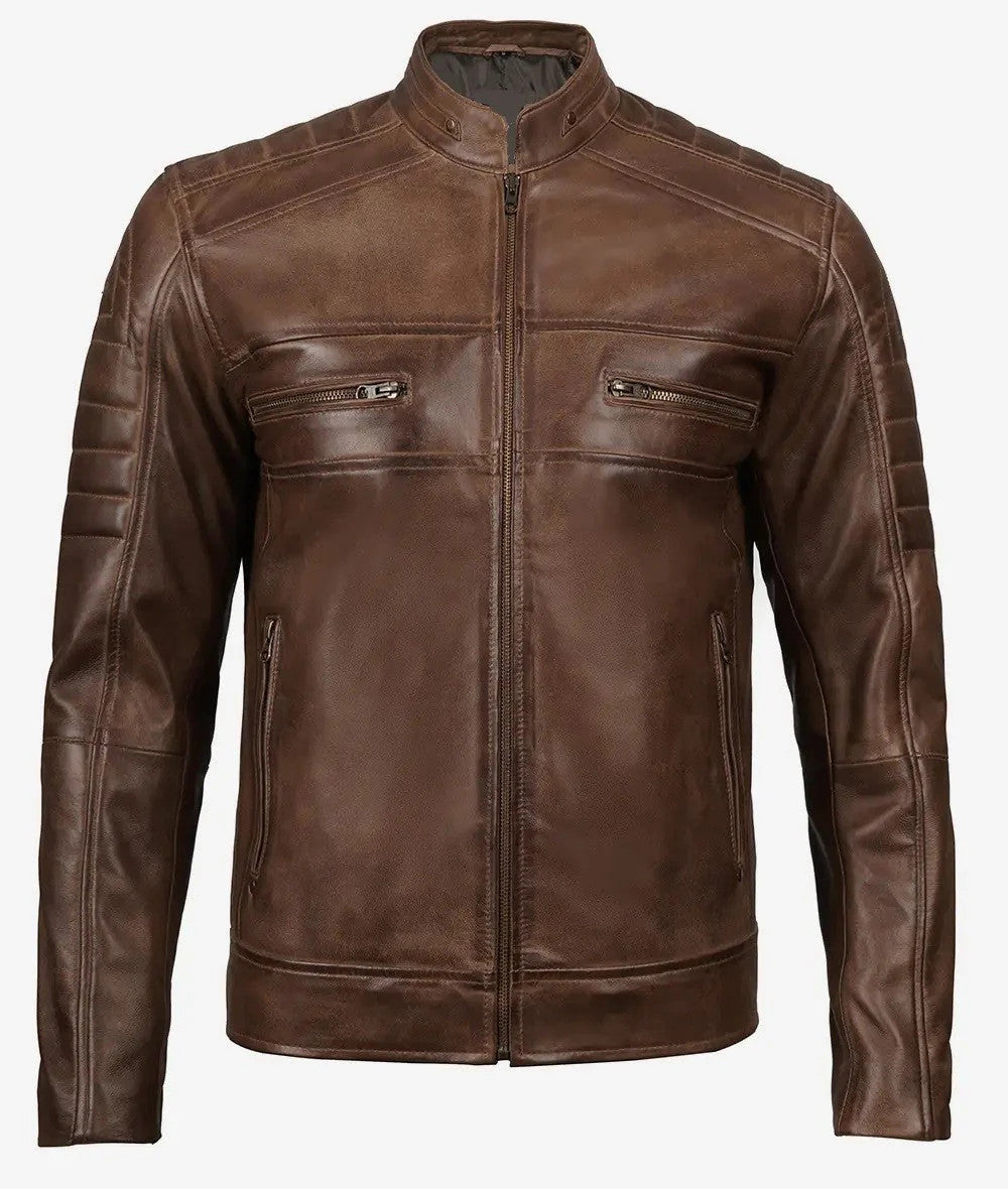 Lowridge Mens Distressed Coffee Brown Café Racer Leather Jacket