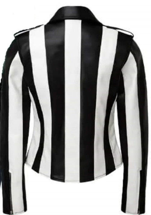 Beetlejuice Inspired Biker Jacket Black and White Striped Leather Style
