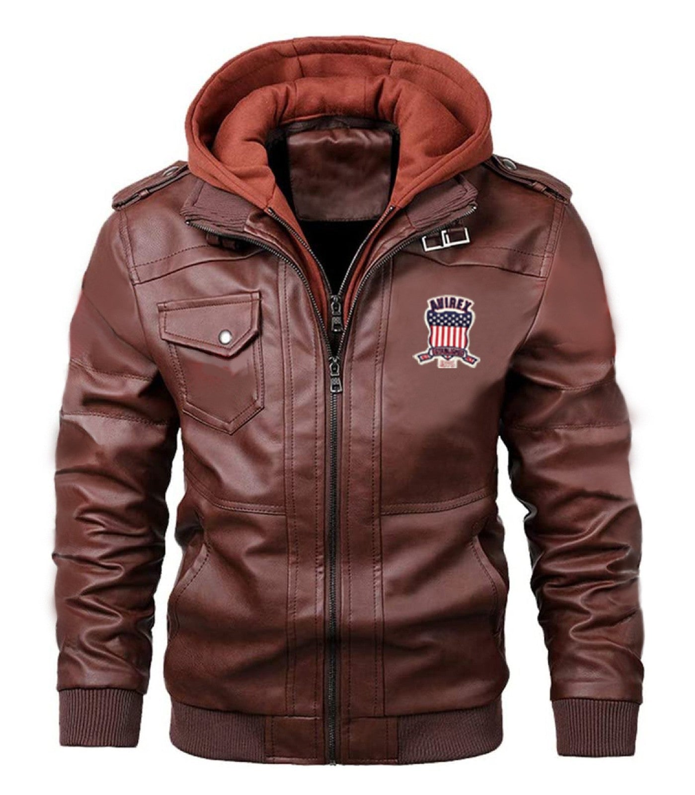 Avirex Shadowrider Hooded Leather Moto Bomber Jacket, Zip-Up Streetwear Legend