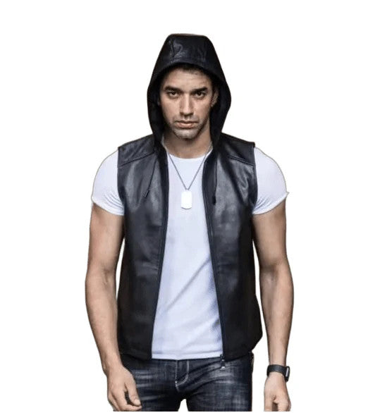 Men’s Black Sleeveless Leather Vest with Hood, Biker Style
