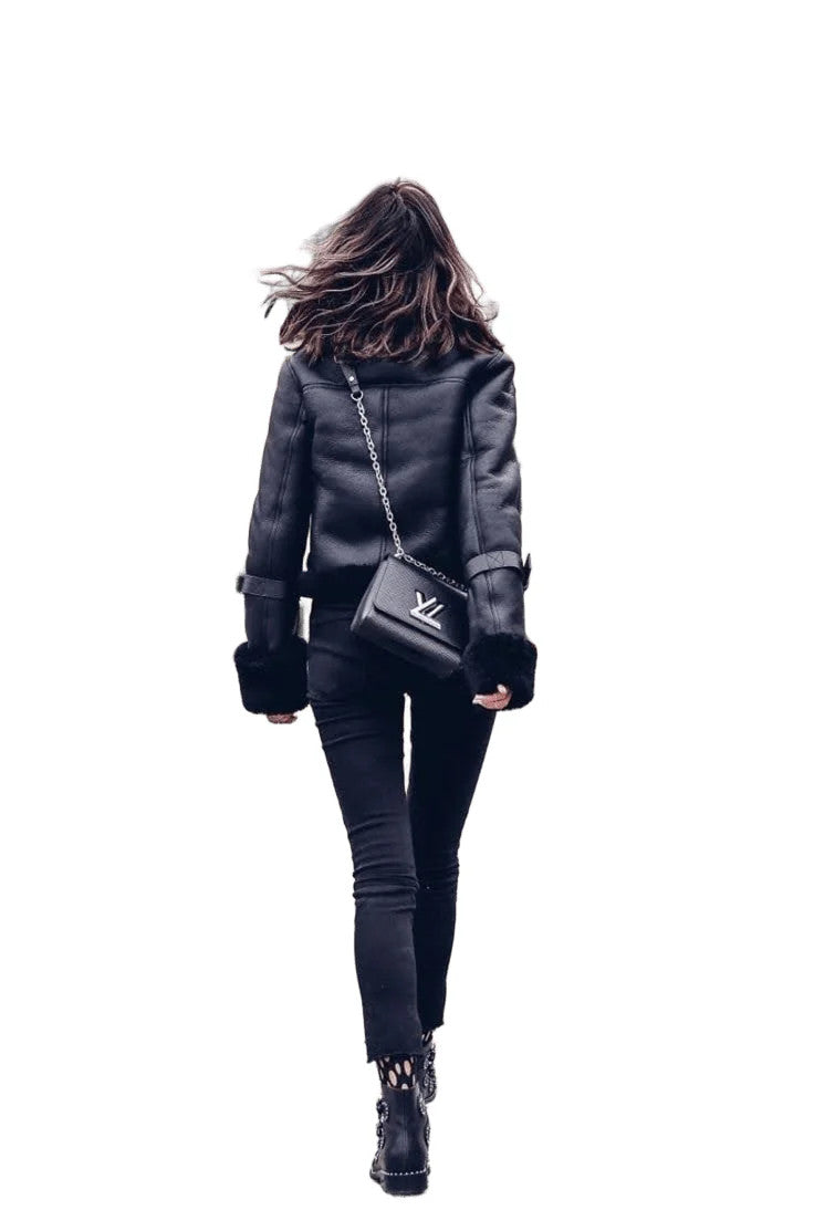 Stylish Moto Coat for Women Shearling Aviator Short Parka