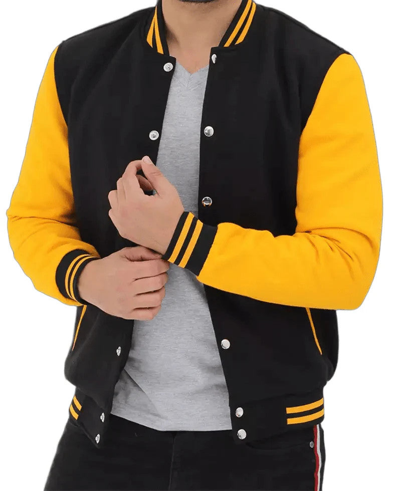 Mens Black and Yellow Letterman Jacket, Classic Baseball Bomber Style