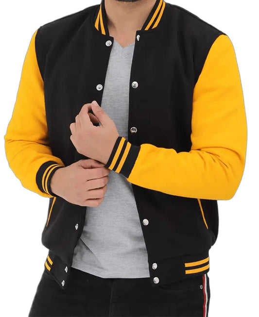 Mens Black and Yellow Letterman Jacket, Classic Baseball Bomber Style