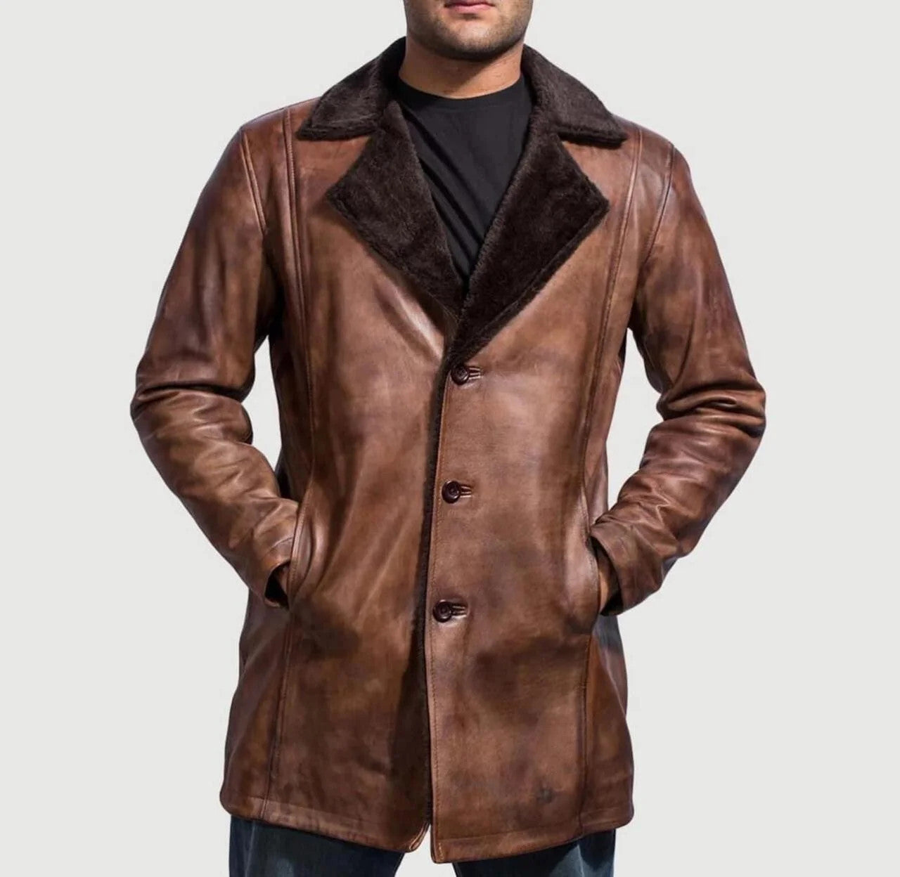 Mens Classic Vintage Brown Genuine Fur Coat Winter