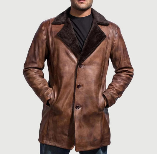 Mens Classic Vintage Brown Genuine Fur Coat Winter