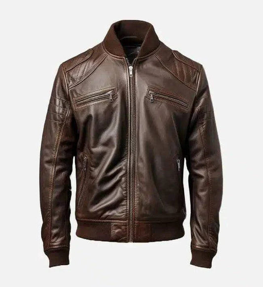 Men’s Coffee Brown Leather Biker Jacket Classic Moto Style Outerwear