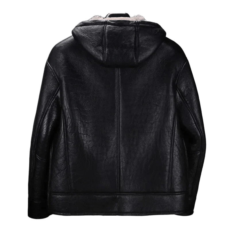 Shadow Play Mens Hooded Shearling Jacket, Black Sheepskin Leather