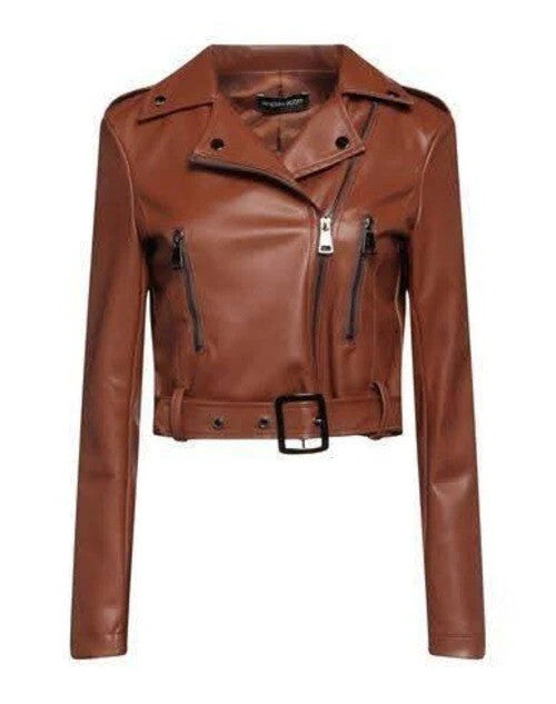 Womens Brown Leather Jacket Biker Style, Everyday Wear