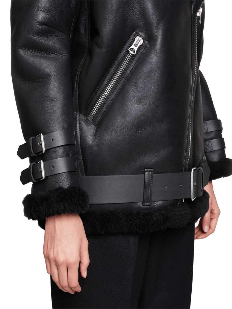 Midnight Maverick Womens Black Shearling Moto Jacket, Buckled and Bold