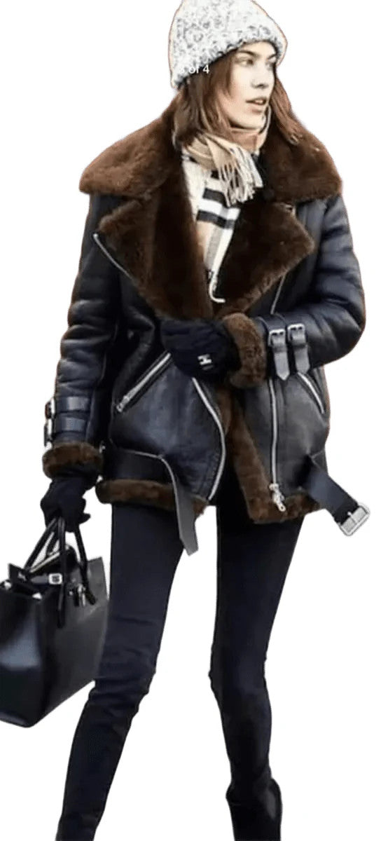 Women B3 Bomber RAF Aviator Flying Shearling Fur Real Leather Jacket Coat