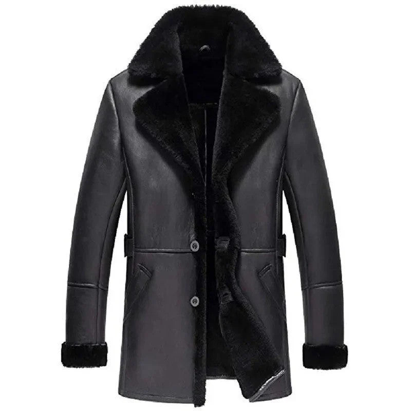 Moonlight Nomad Mens Shearling Black Coat Fur-Lined Leather for Cold Nights
