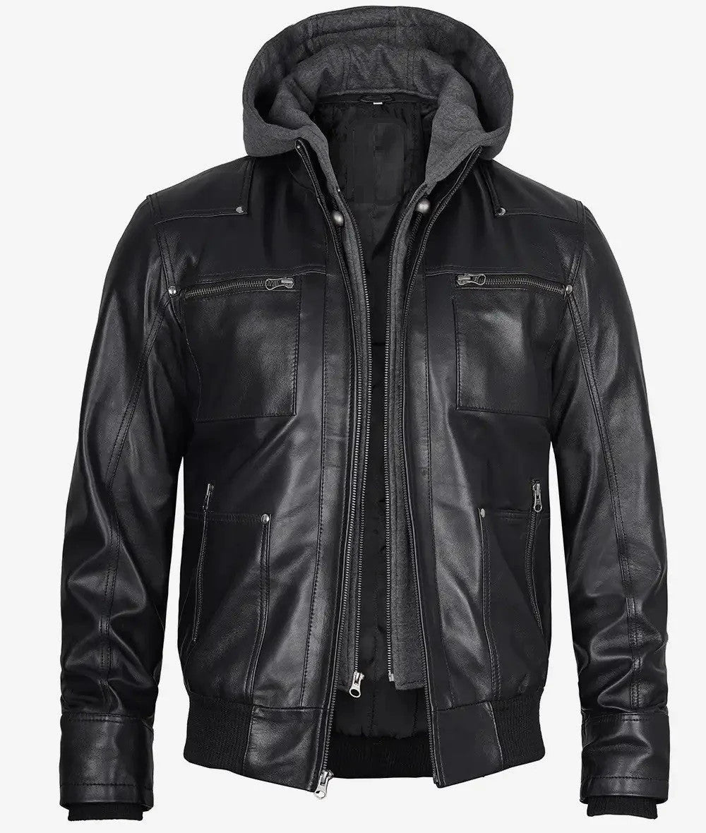 Mens Black Leather Bomber Jacket, Street-Ready Look with Removable Hood