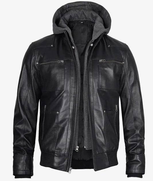 Mens Black Leather Bomber Jacket, Street-Ready Look with Removable Hood