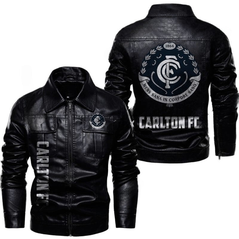 Carlton FC Leather Biker Leather Jacket, Tough Fan Look with Bold Sticker Patch