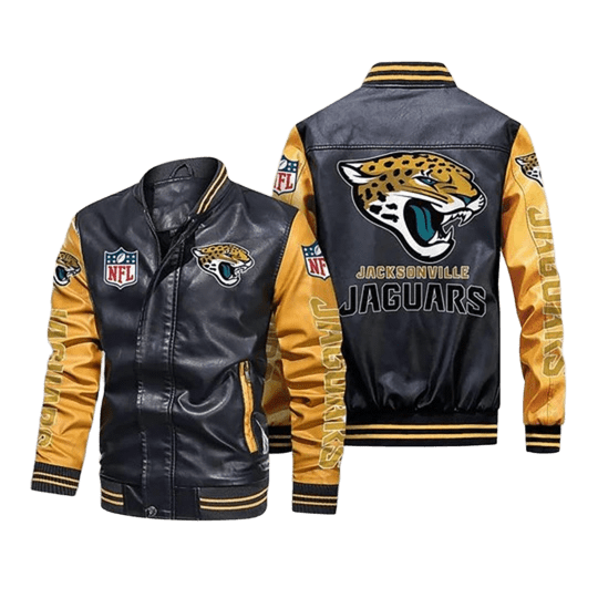 Jacksonville Jaguars NFL Leather Bomber Jacket, Varsity Design with Team Patches