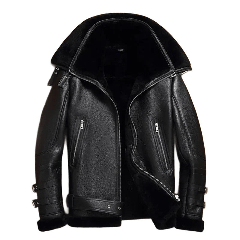 Dark Horizon Black B3 Shearling Jacket, Airforce Bomber with Twin Fur Collar