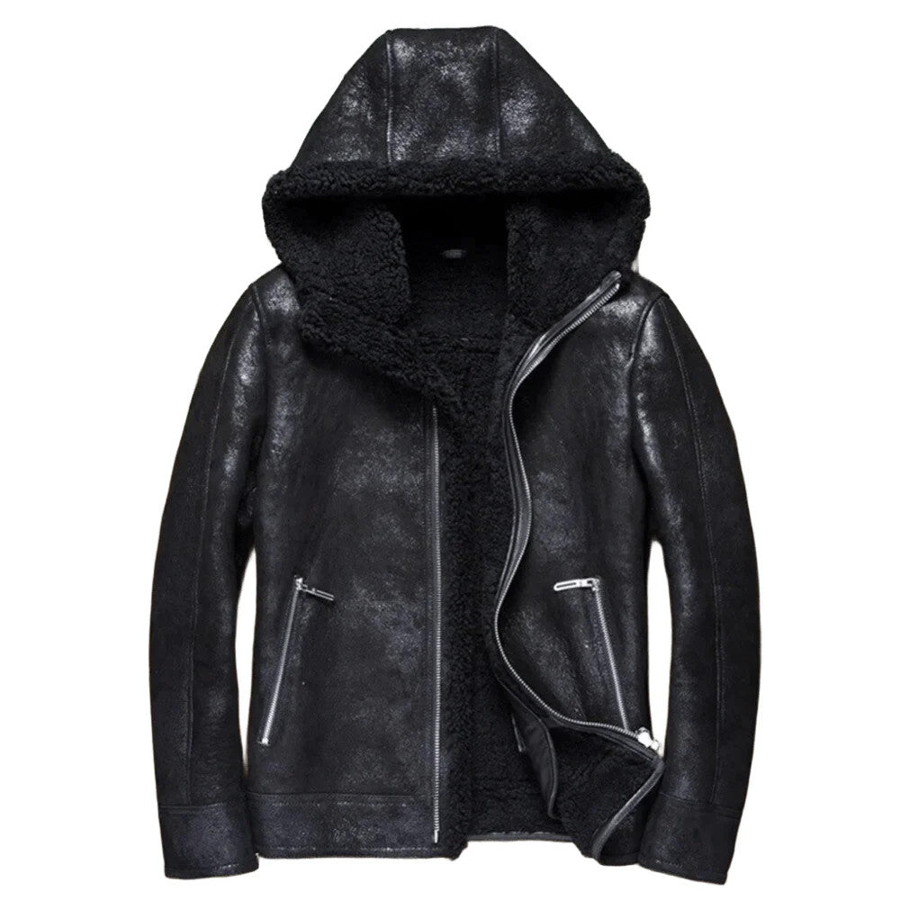 Black Hooded Shearling Jacket for Men Real Leather Bomber Cold Weather Gear