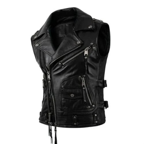 Mens Biker Black Vintage Real Leather Motorcycle Vest Jacket