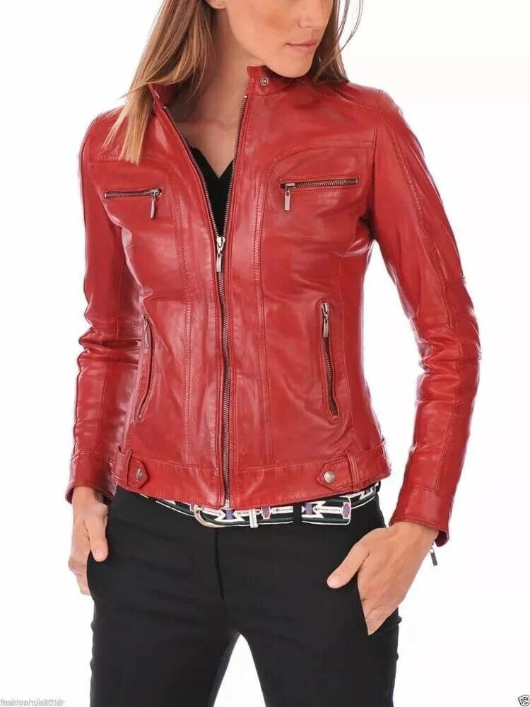 Red Womens Soft Leather Jacket Motorcycle Slim Fit Biker Jacket