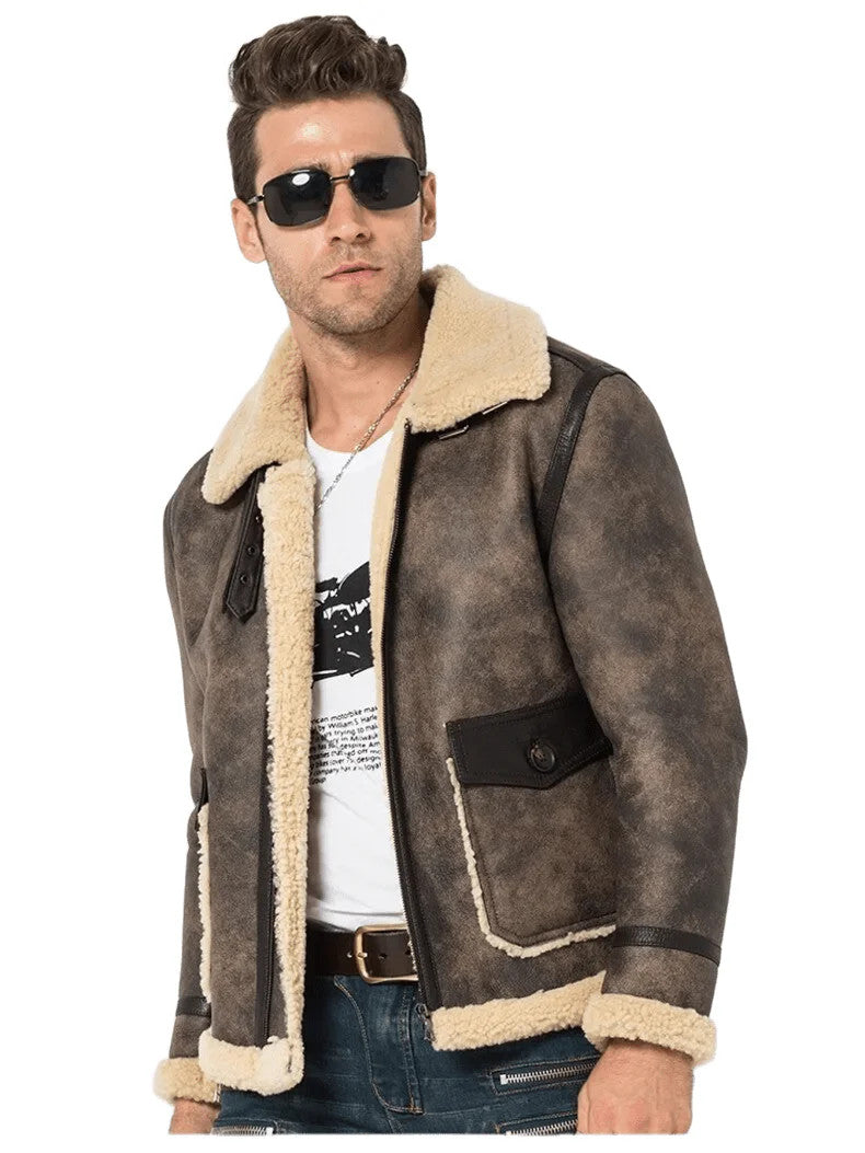 Aviator Rebel Mens B3 Bomber Jacket Shearling Leather with Star-Ready Fur Trim
