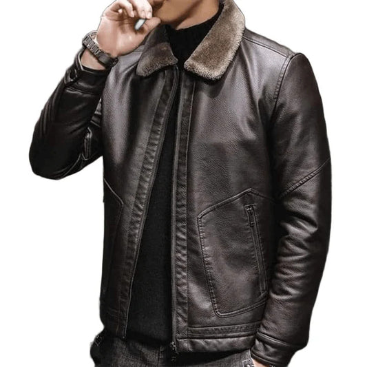 Mens Leather Jacket with Fur Collar Warm Fashionable and Handsome Look