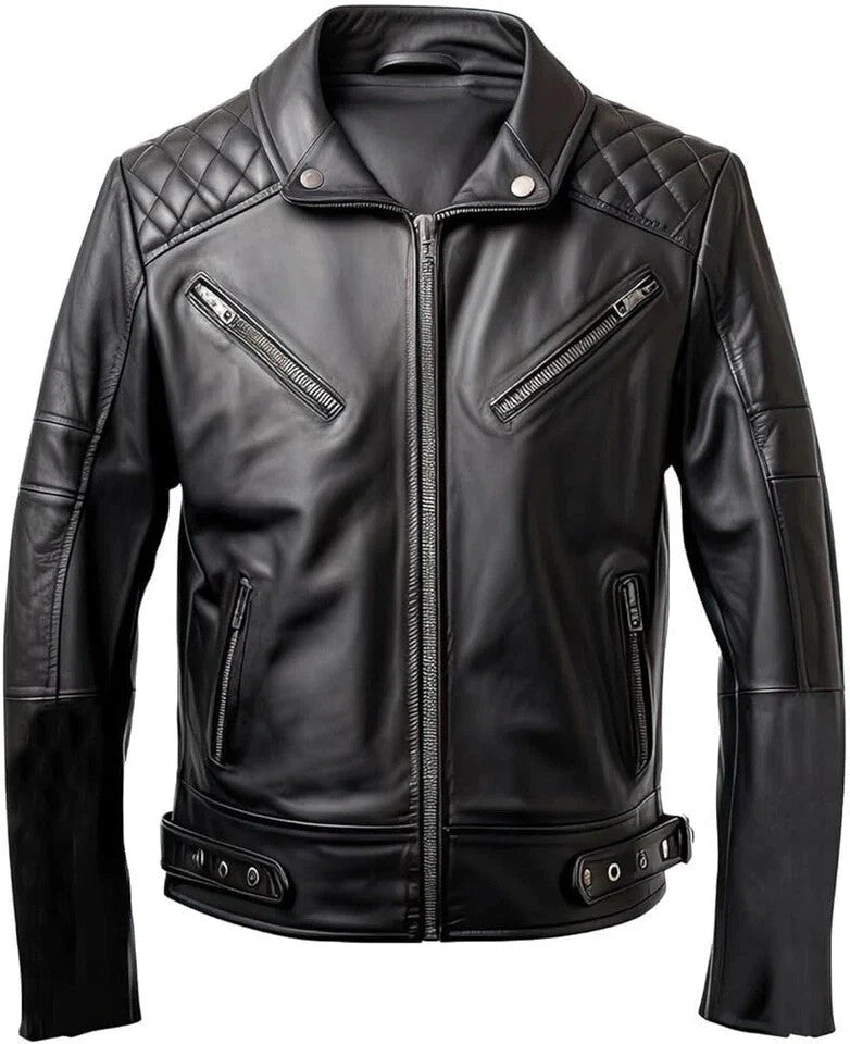 Mens Black Leather Jacket Quilted Design Shirt Collar Moto Style