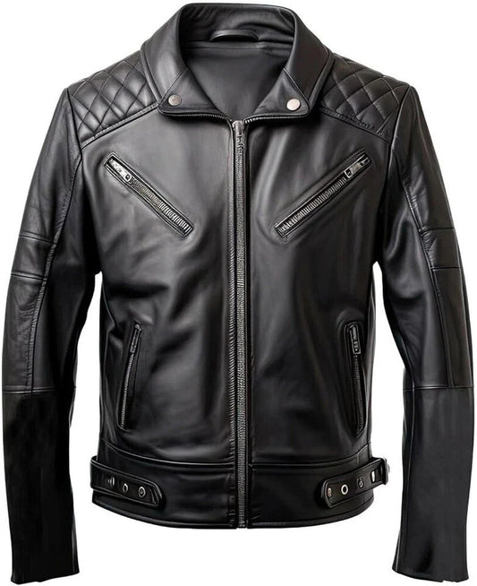 Mens Black Leather Jacket Quilted Design Shirt Collar Moto Style