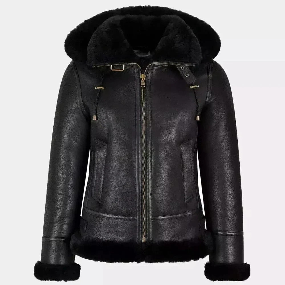 Womens Genuine Leather B3 Black Bomber Jacket Hooded Aviator Coat