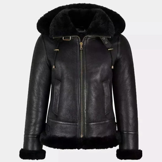 Womens Genuine Leather B3 Black Bomber Jacket Hooded Aviator Coat