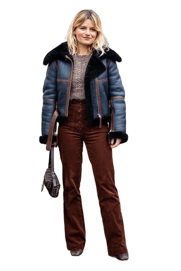 Bomber Beauty Real Leather Aviator Jacket for Women with Shearling Warmth