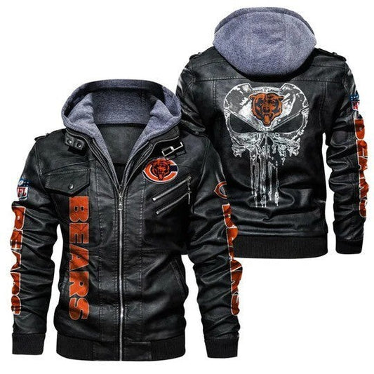 Chicago Bears Leather Bomber Hoodie, Skull Graphic NFL Jacket, Sticker Patches
