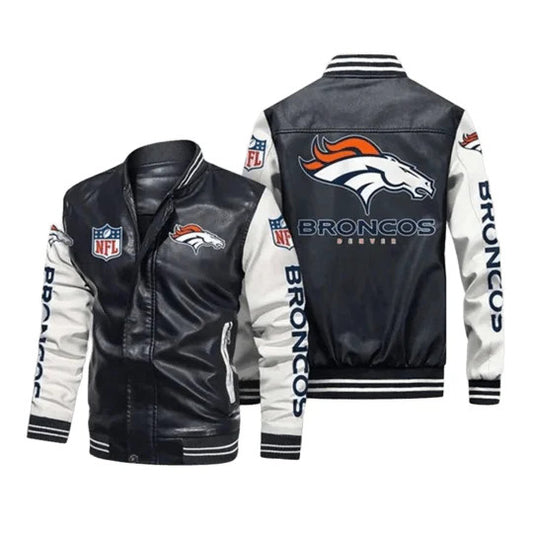 Denver Broncos NFL Leather Bomber Jacket, Mens Fan Gear with Sticker Patch