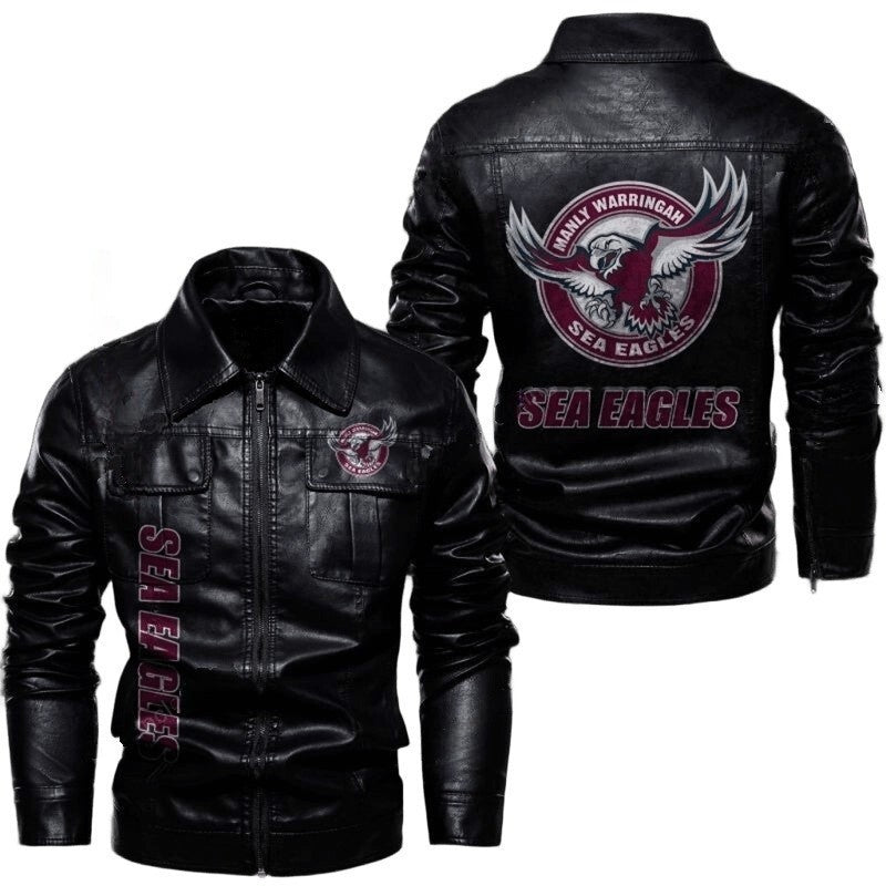 Manly Warringah Sea Eagles Fan Jacket, Sleek Leather Finish with Sticker Patches