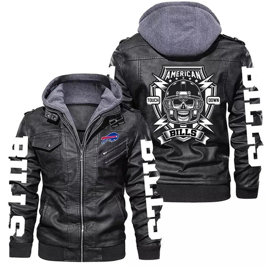Buffalo Bills Leather Jacket Mens Bomber Vintage Motorcycle Coat, Sticker Patch