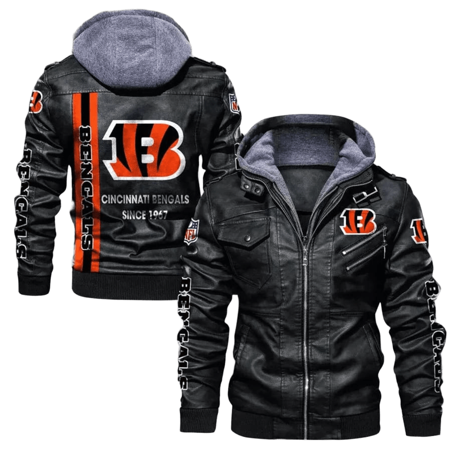 Cincinnati Bengals Bomber Leather Jacket Hooded Motorcycle Biker, Sticker Patch