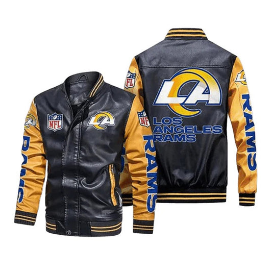 Los Angeles Rams NFL Leather Bomber Jacket, Team Logo Design with Sticker Patch