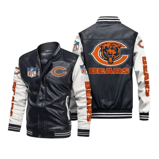 Chicago Bears NFL Leather Bomber Jacket, Mens Fan Gear w/ Sticker Patch