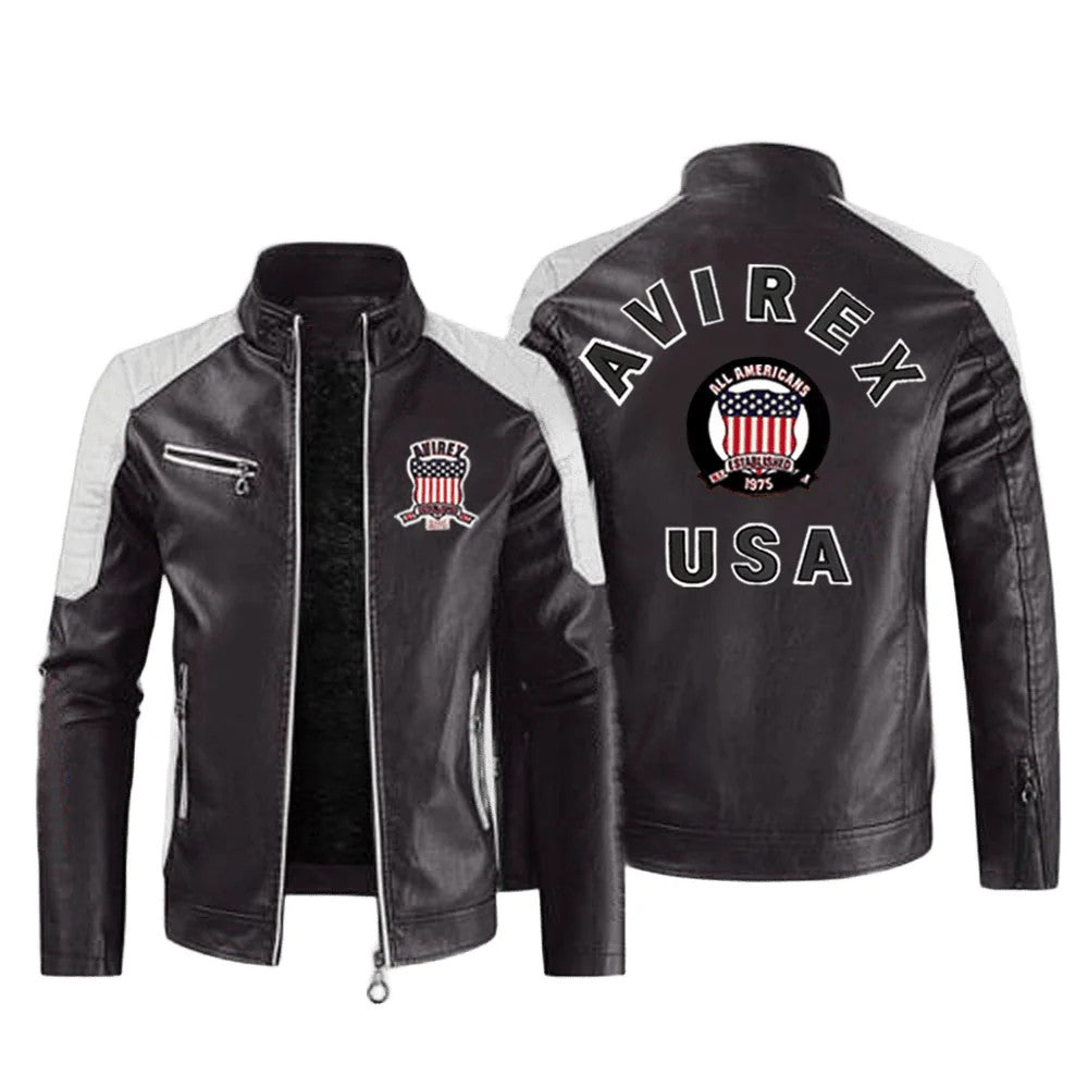 Mens AVIREX Biker Jacket Leather with USA Shield Patch and Racing Accents
