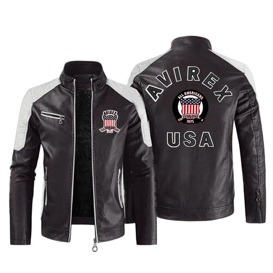 Mens AVIREX Biker Jacket Leather with USA Shield Patch and Racing Accents