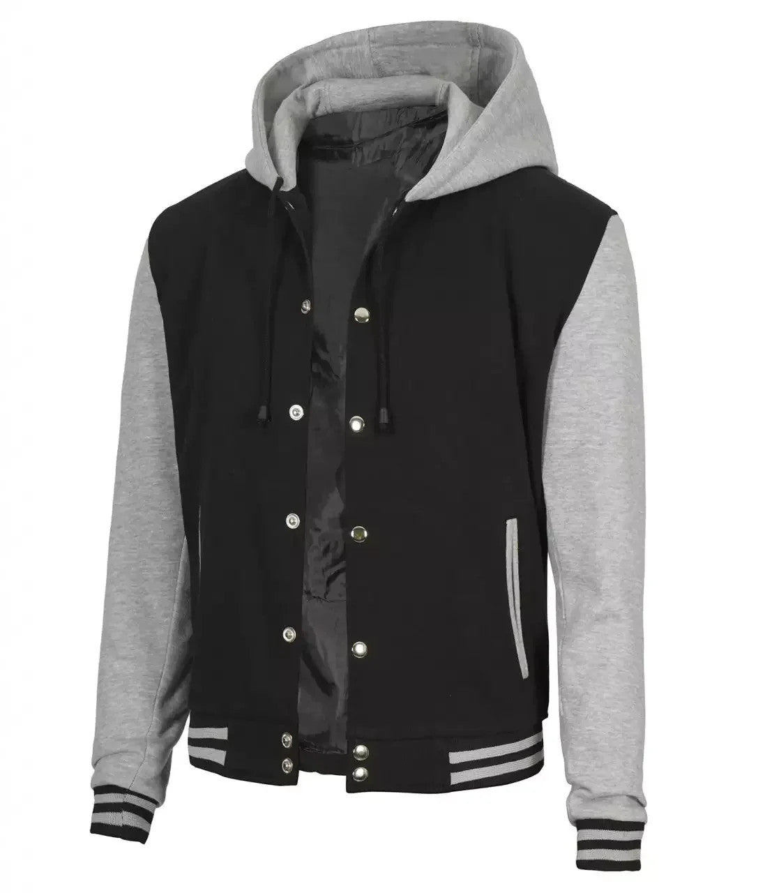 Mens Hooded Varsity Jacket, Black and Grey Baseball-Inspired College Look