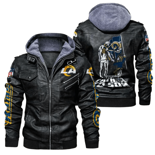NFL Los Angeles Rams Bomber Hooded Leather Jacket with Sticker Patchwork