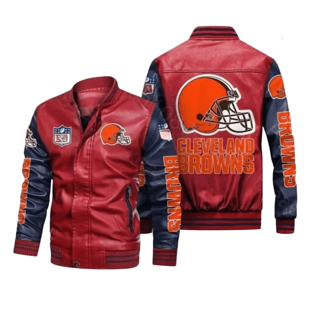 Cleveland Browns NFL Leather Bomber Jacket, Mens Premium Fan Apparel w/ Sticker