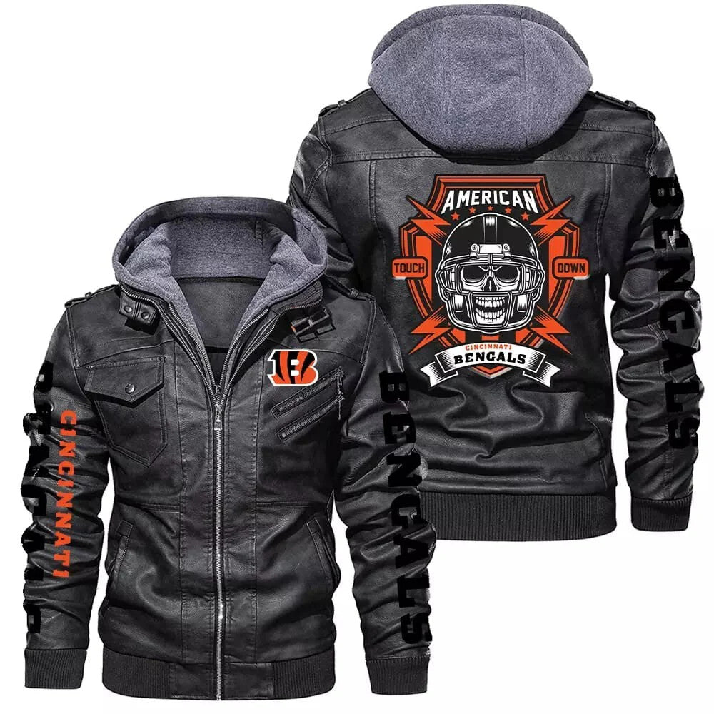 Cincinnati Bengals Bomber Leather Jacket Hooded Motorcycle Biker, Sticker Patch