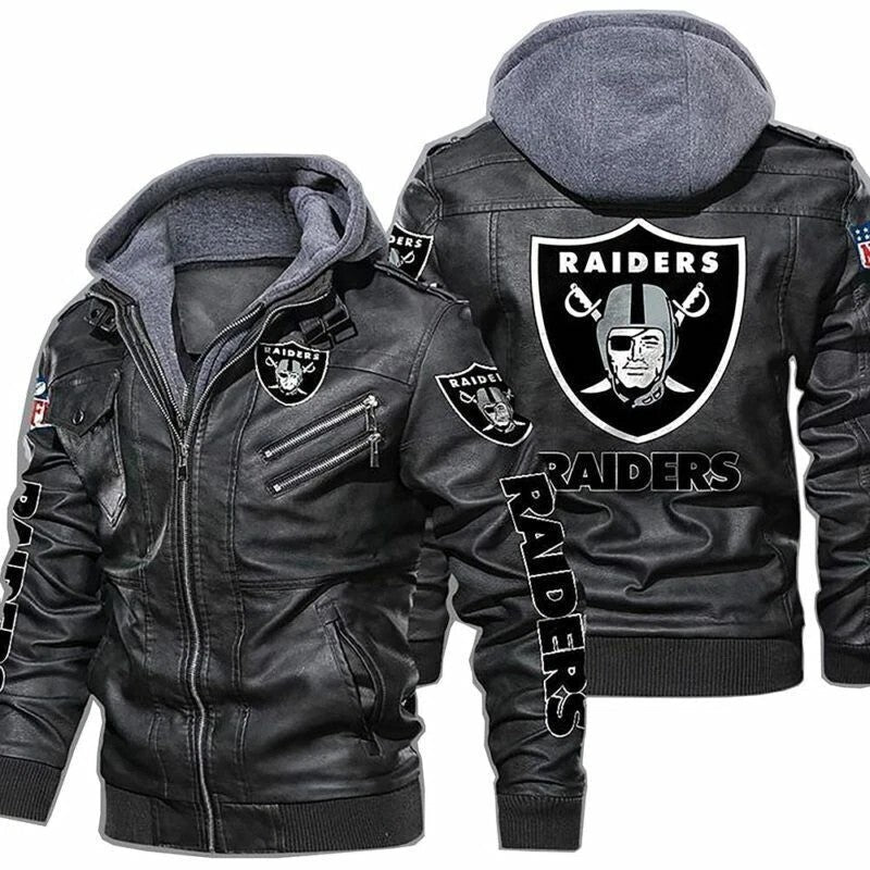 Las Vegas Raiders Mens Vintage Leather Jacket Flight Biker Bomber Hooded Coat