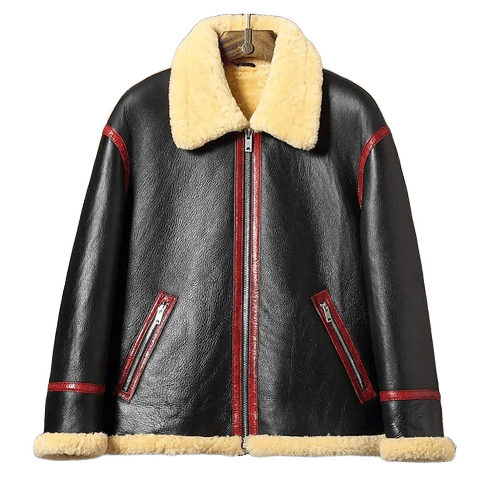 Black Python Mens Shearling Leather Flight Jacket with Wild Edge